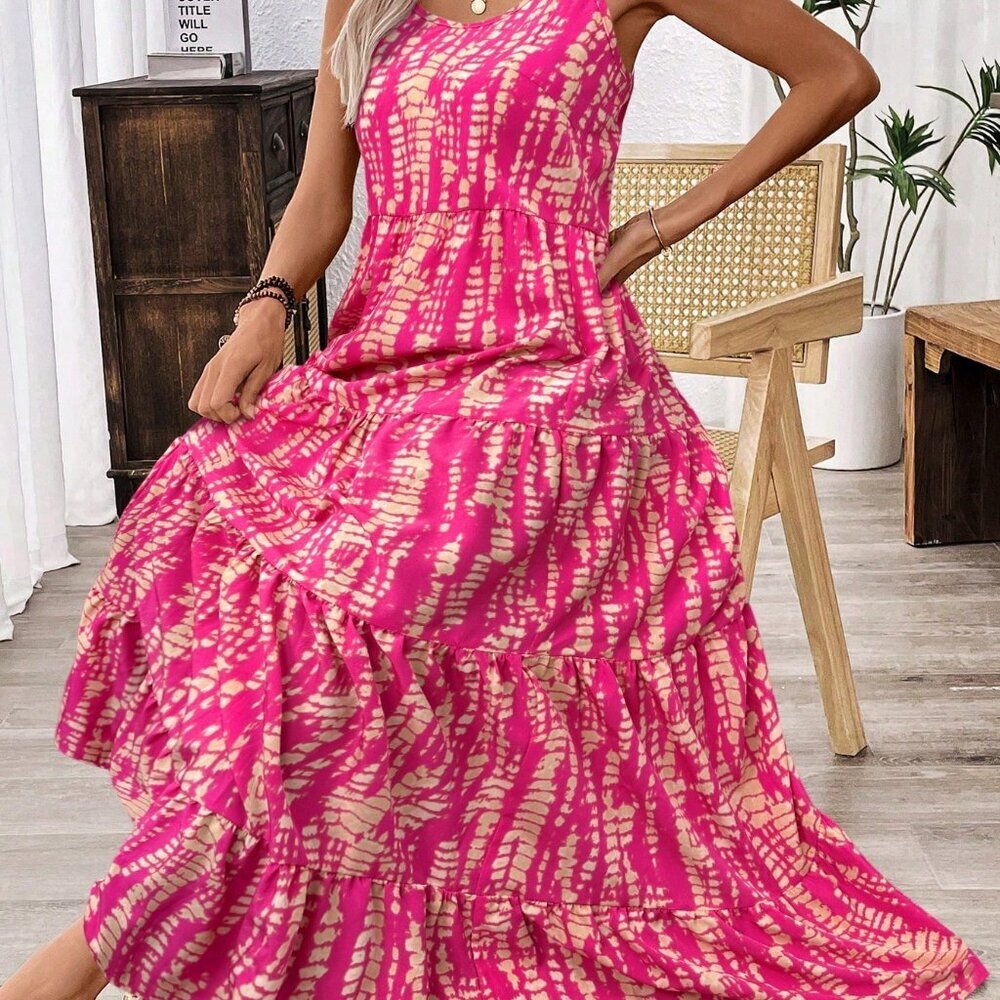 Hot Pink Boho Women's Holiday Casual Random Printed Strappy Dress Maxi Outfit - Picture 5 of 7